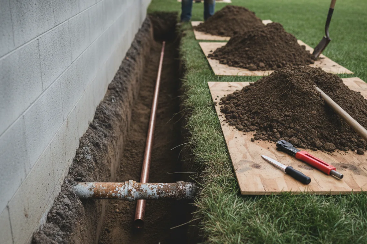 Excavated water line trench during Water Softener Installation in East Wareham
